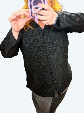 Fine Line New York Black Brocade Blouse Dark Academia Button Front Size 14